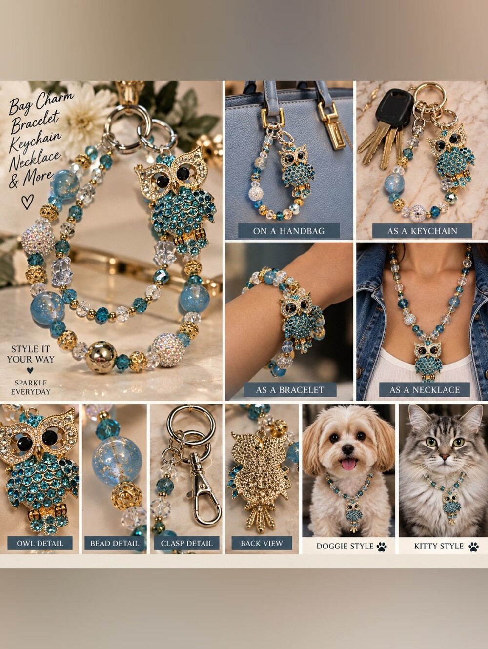 Bag Charm Turquoise Blue Rhinestone Owl Beaded Purse Charm Keychain Versatile